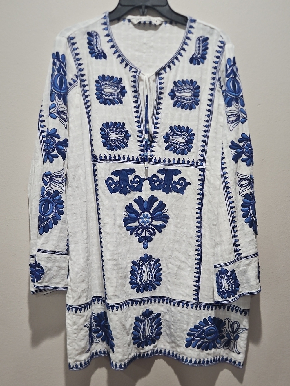 Zara White with Blue Embroidery mini dress XL